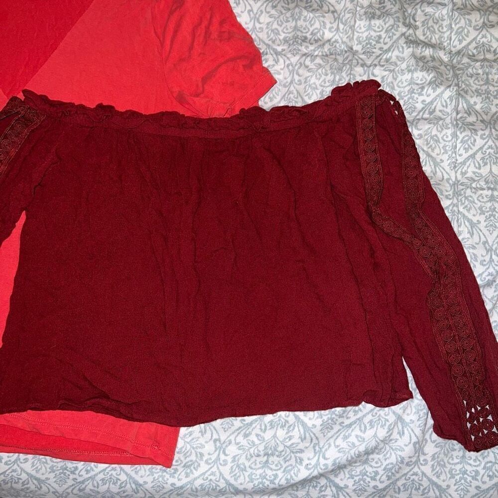 2 red shirts bundle set keyhole cutout t-shirt, and off the shoulder lacy eyelet